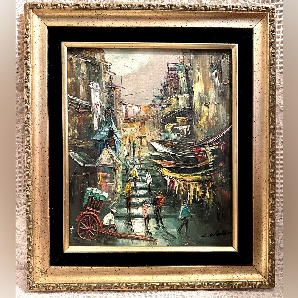 Vtg Original Oil Painting on Canvas “Ladder Street” Gold Frame Signed by Artist